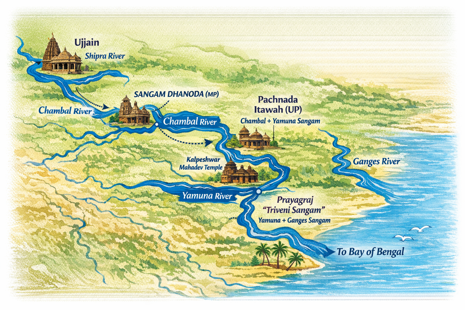 क्षिप्रा से चंबल से यमुना से गंगा से हिन्द महा सागर नदी जल सिस्टम